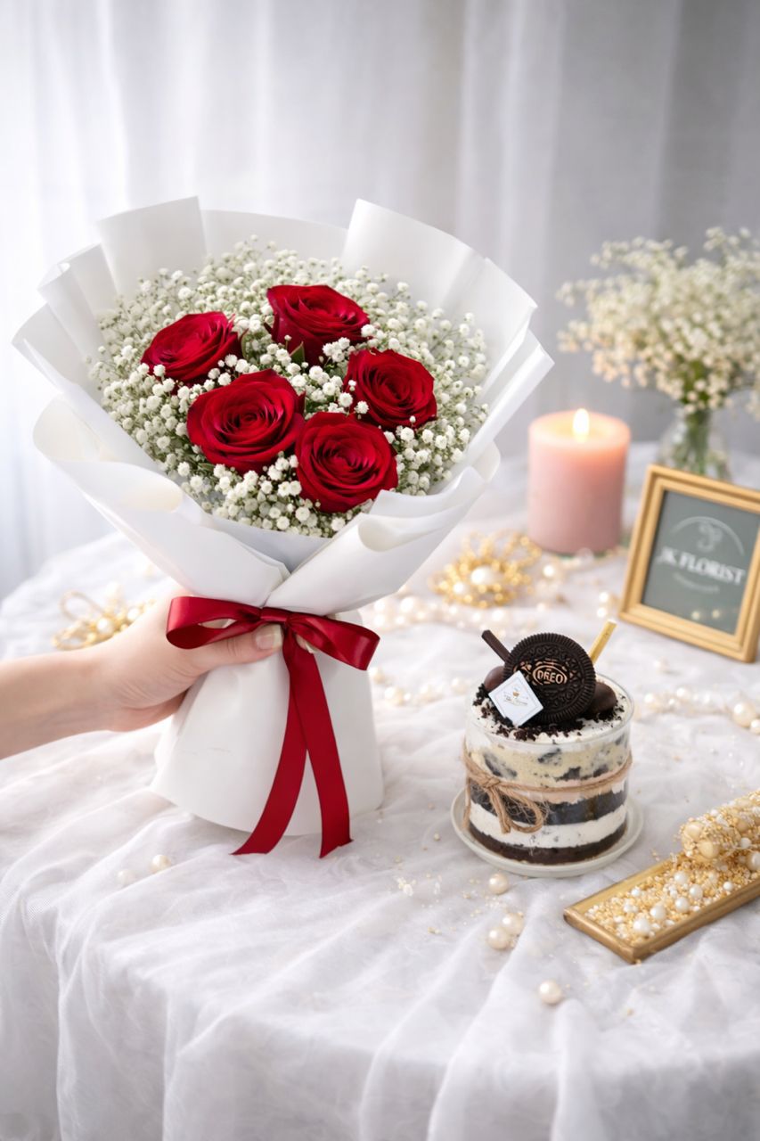 Five Roses & Mini Cake (Fresh Flower)
