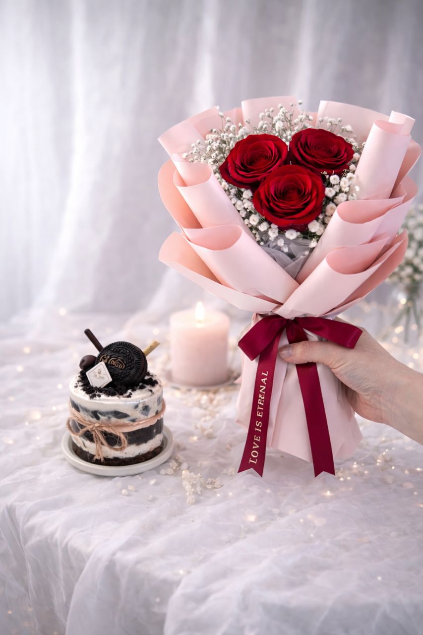 Trio Roses & Mini Cake (Fresh Flower)