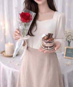 Rose & Mini Cake (Fresh Flower)
