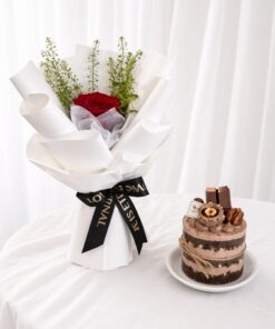 Single Rose Bouquet & Mini Chocolate Cake | Flower & Cake Set - Image 2