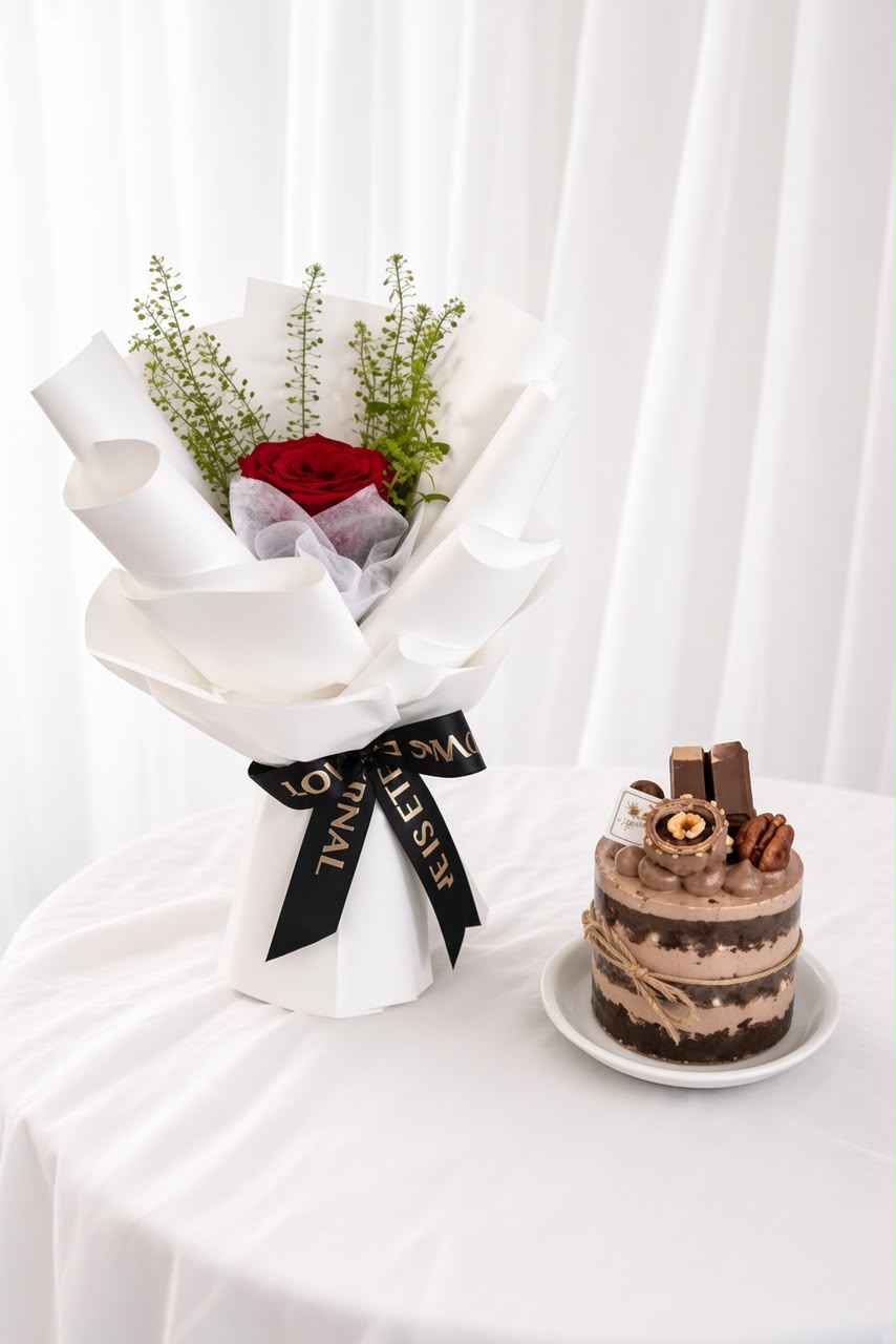 Single Rose Bouquet & Mini Chocolate Cake | Flower & Cake Set - Image 2
