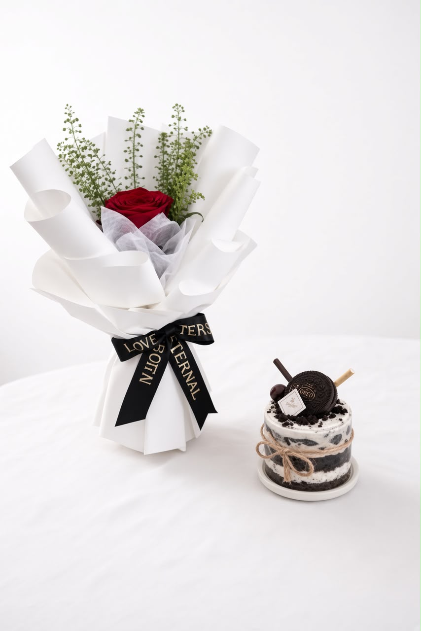 Single Rose Bouquet & Mini Chocolate Cake | Flower & Cake Set - Image 3