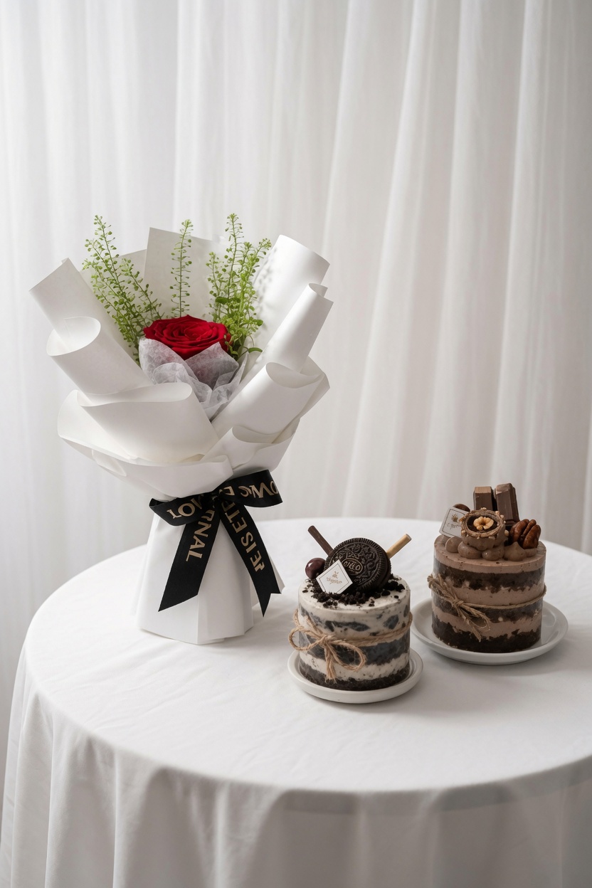 Single Rose Bouquet & Mini Chocolate Cake | Flower & Cake Set