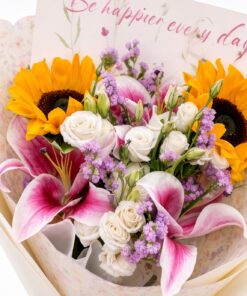 Fresh Pink Lily & Sunflower Bouquet with White Eustomas | Mixed Flower - Image 2