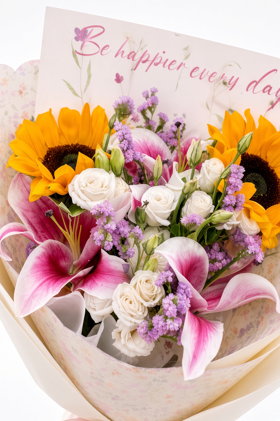 Fresh Pink Lily & Sunflower Bouquet with White Eustomas | Mixed Flower - Image 2