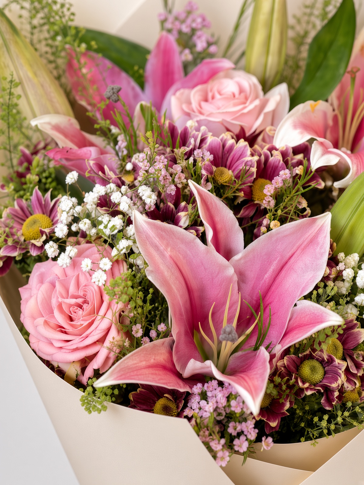 Fresh Pink Lily Bouquet with Roses & Purple Accents | Mixed Flower - Image 2