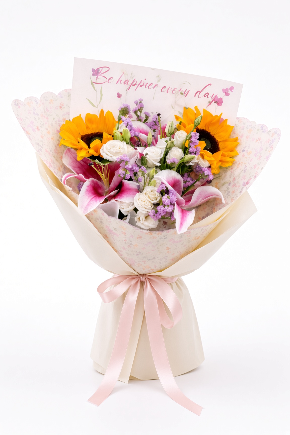 Fresh Pink Lily & Sunflower Bouquet with White Eustomas | Mixed Flower