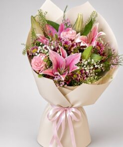 Fresh Pink Lily Bouquet with Roses & Purple Accents | Mixed Flower