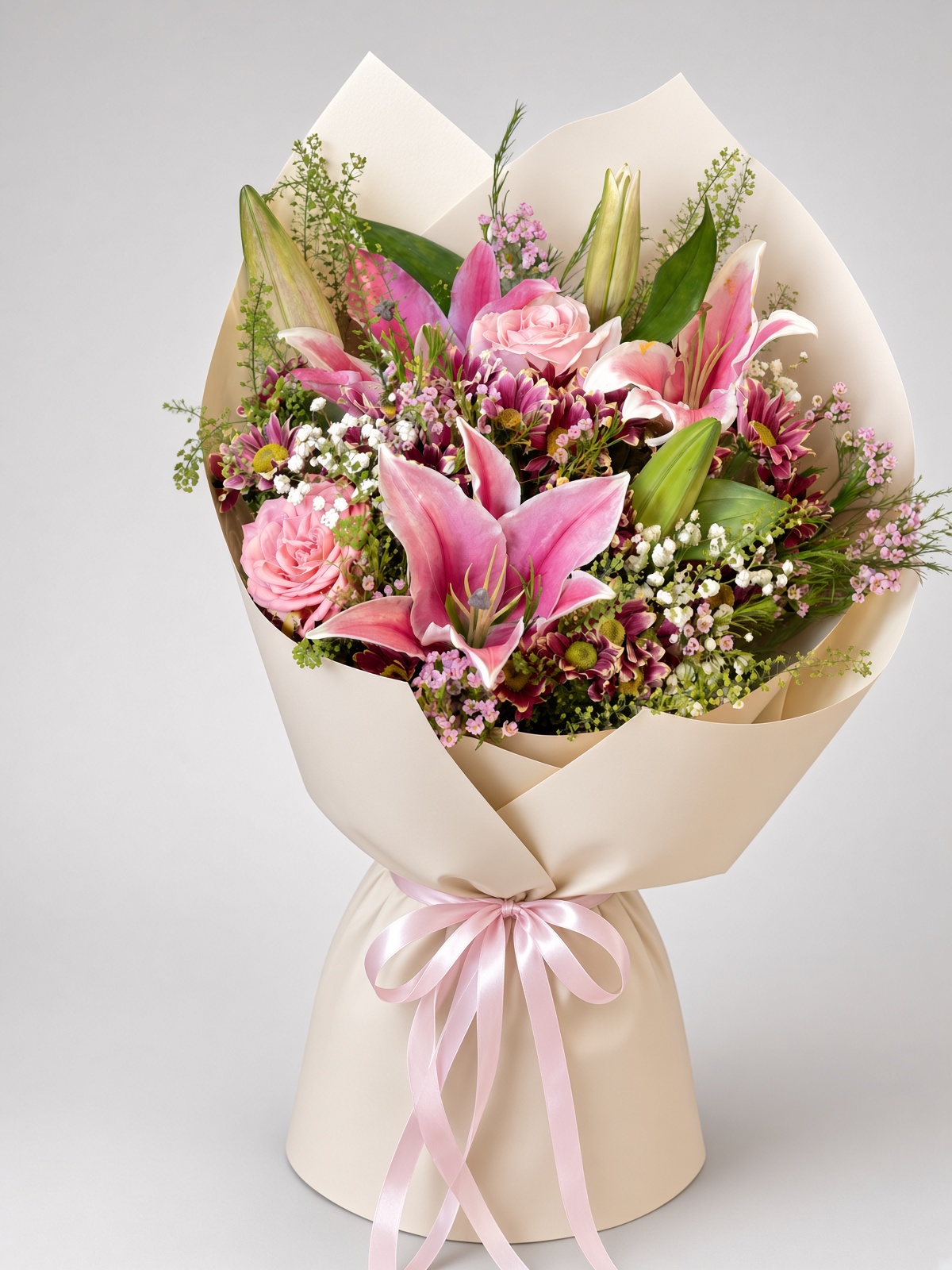 Fresh Pink Lily Bouquet with Roses & Purple Accents | Mixed Flower