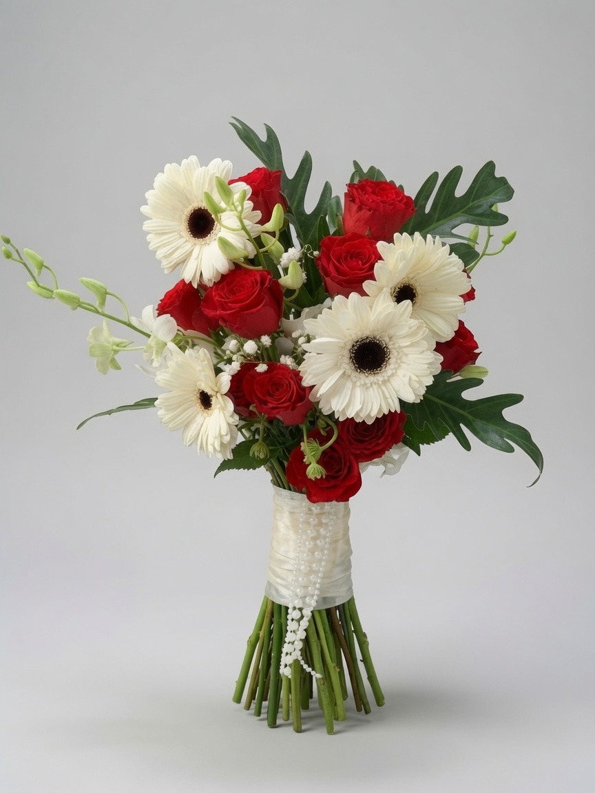 Bridal Hand Bouquet Red Rose & White Gerbera