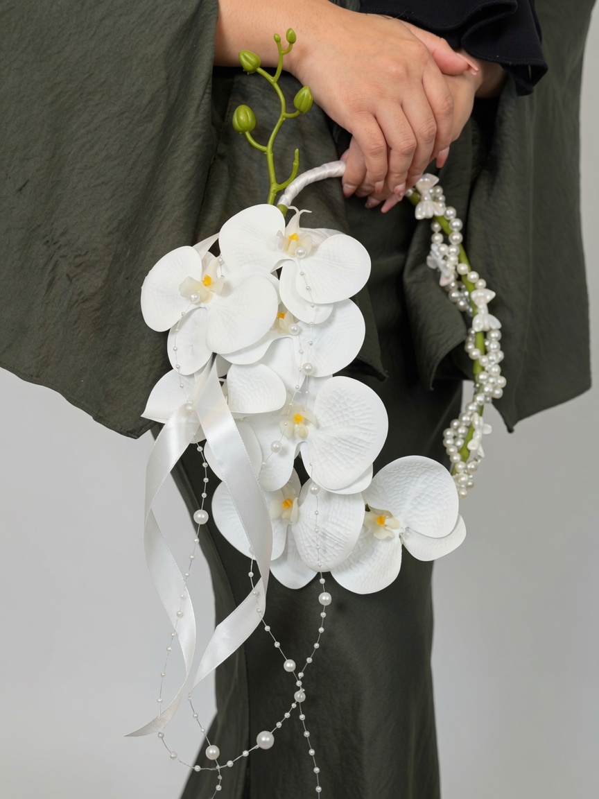 Artificial Bridal Hand Bouquet Pearl Cascade Orchid - Image 2