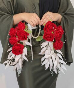 Artificial Bridal Hand Bouquet Scarlet Pearl Cascade
