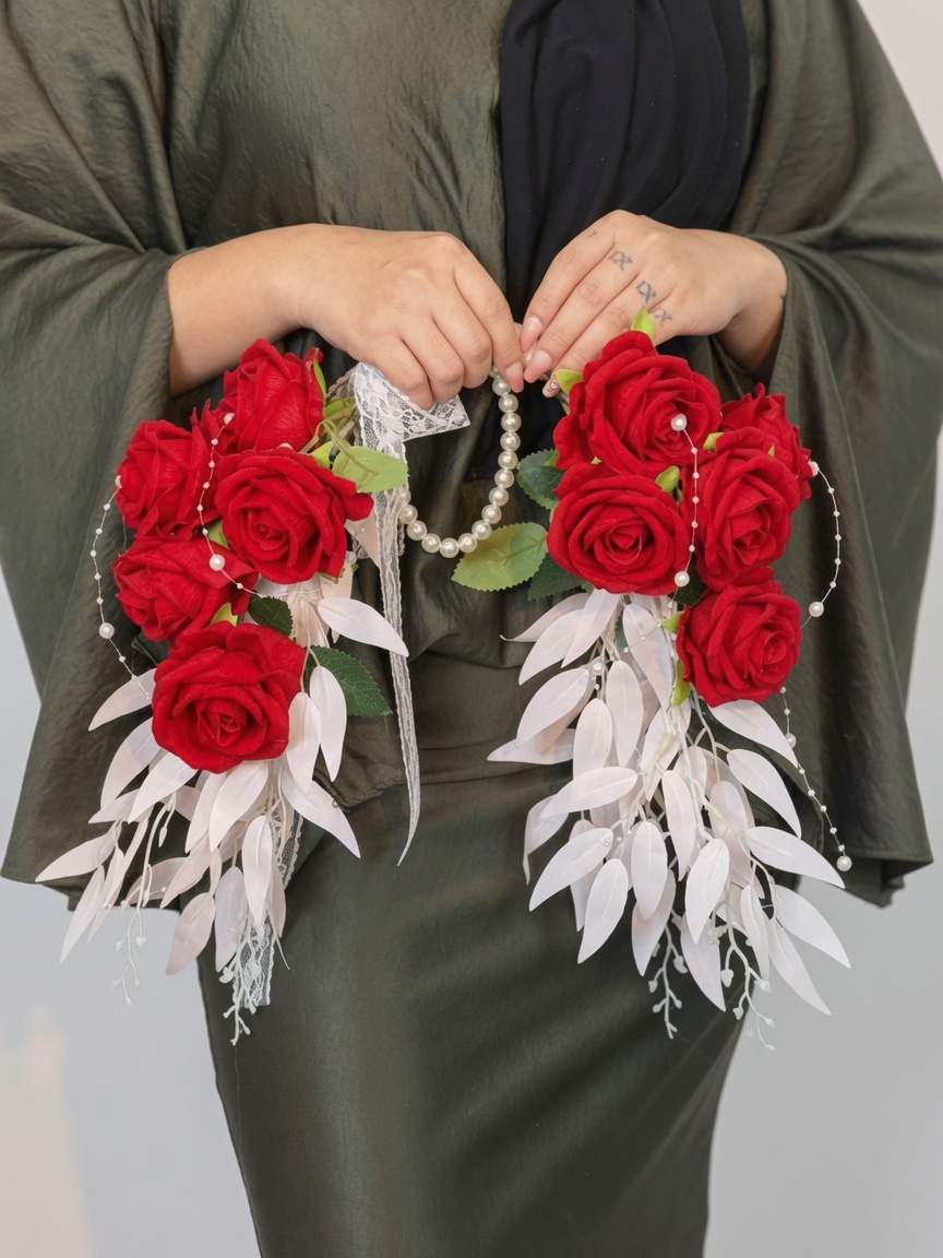 Artificial Bridal Hand Bouquet Scarlet Pearl Cascade