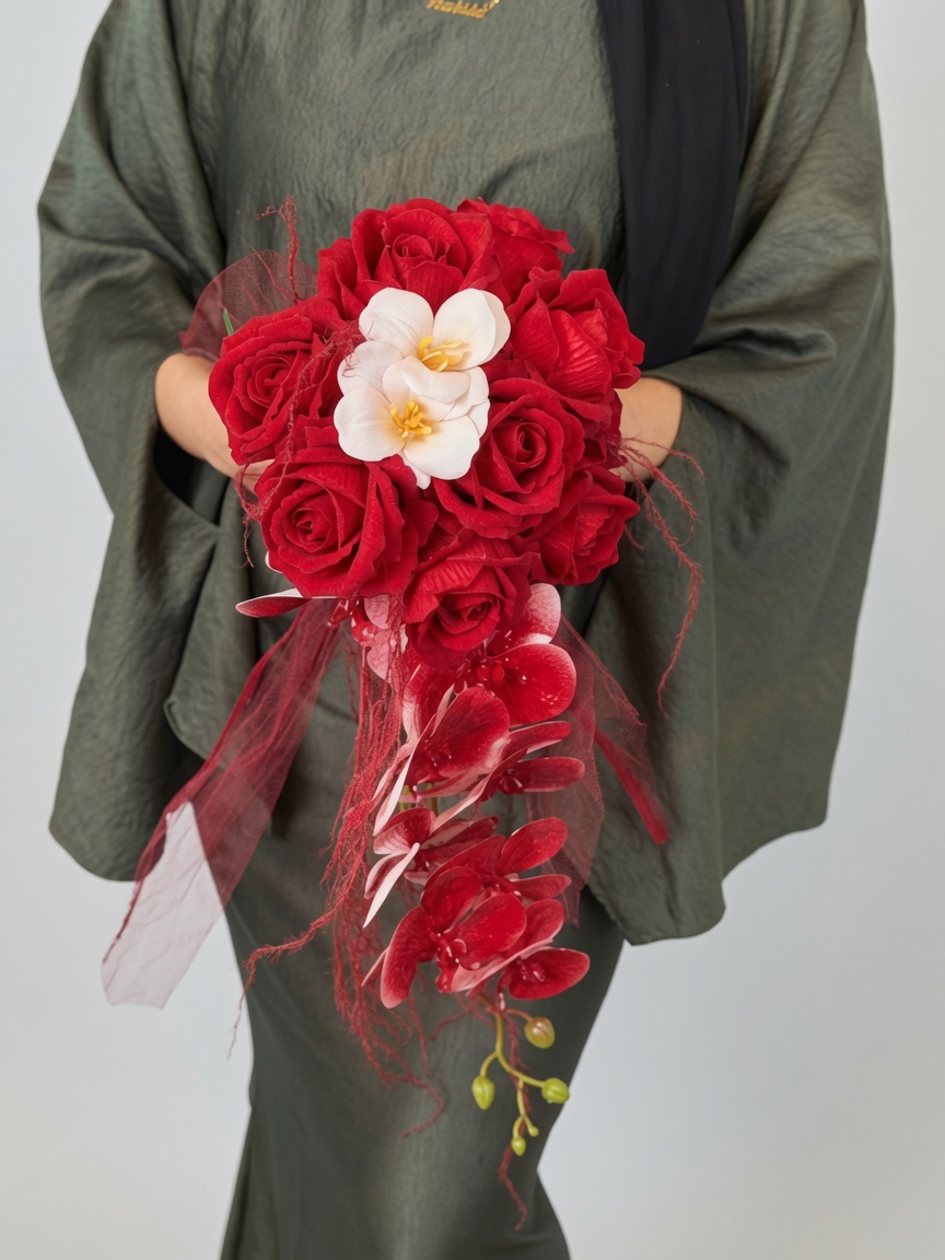 Artificial Bridal Hand Bouquet Crimson Orchid Cascade
