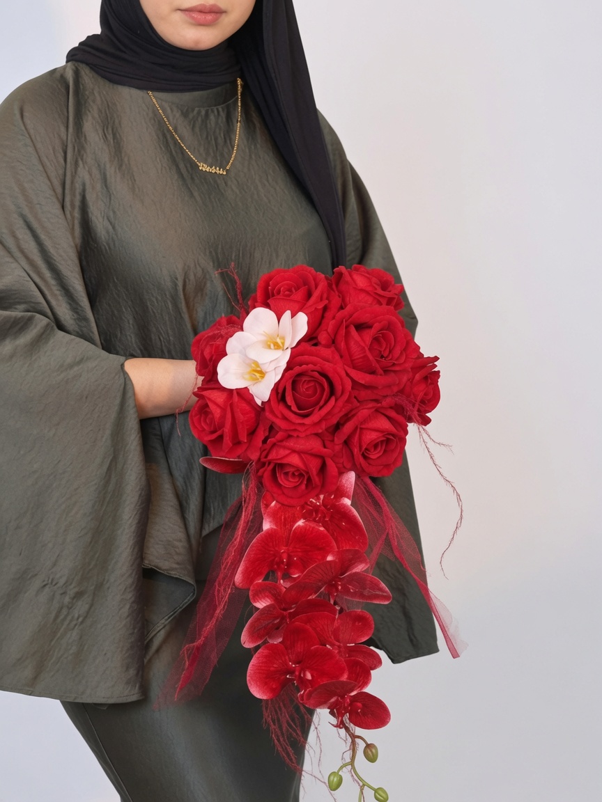 Artificial Bridal Hand Bouquet Crimson Orchid Cascade - Image 2