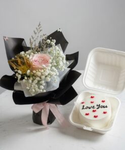 Single Rose with Baby Breath Bouquet & Bento Cake | Flower & Cake Set