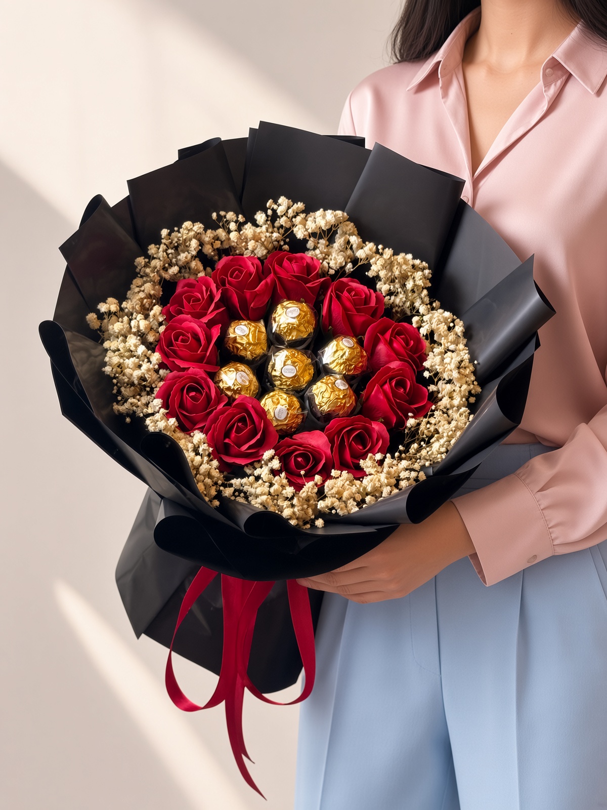 Red Soap Rose & Chocolate Ferrero Rocher Bouquet