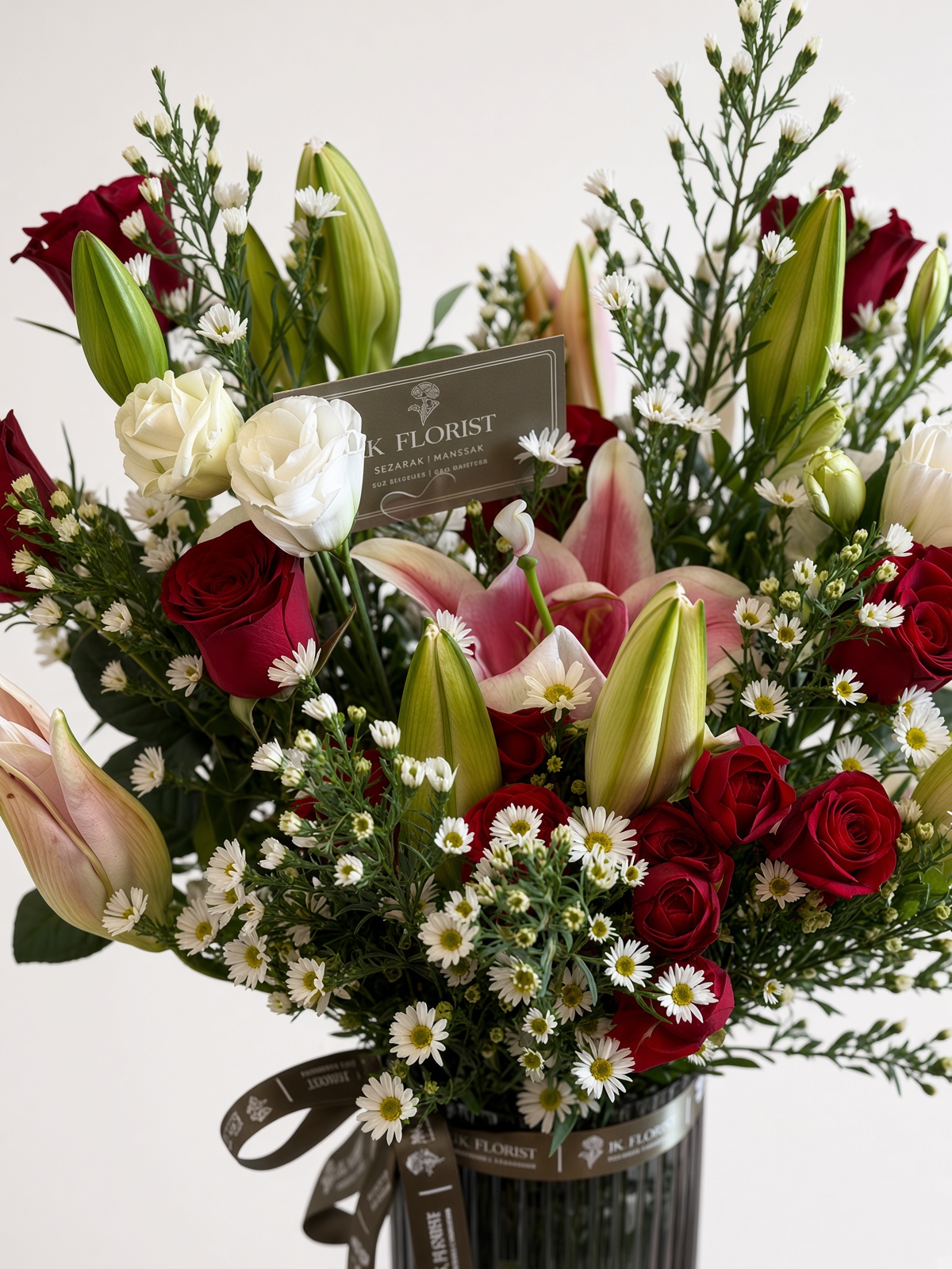 Red Rose & Lily Fresh Mixed Vase Arrangement - Image 2