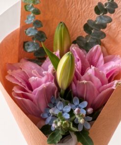 Fresh Pink Lily Bouquet with Eucalyptus | 2 stalks Lily - Image 2