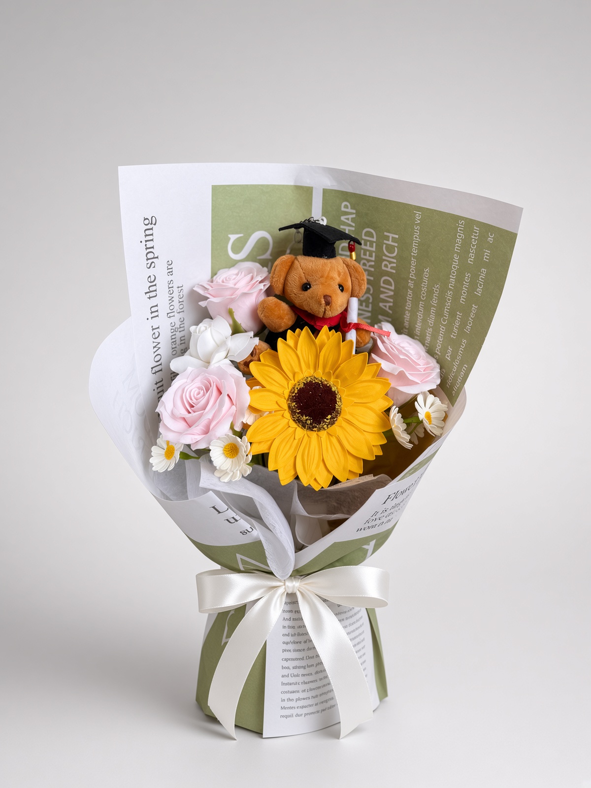 Graduation Teddy Sunflower Soap Flower Bouquet - Image 2