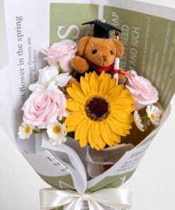 Graduation Teddy Sunflower Soap Flower Bouquet - Image 3