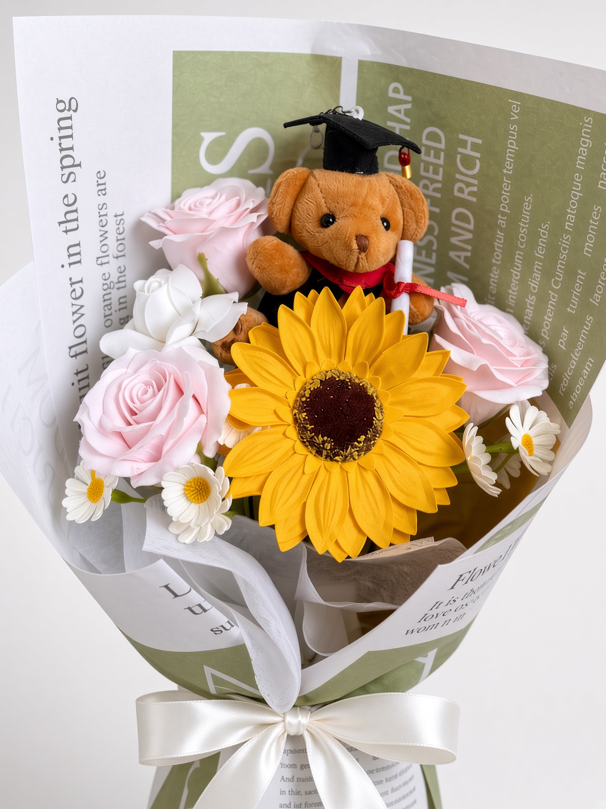 Graduation Teddy Sunflower Soap Flower Bouquet - Image 3