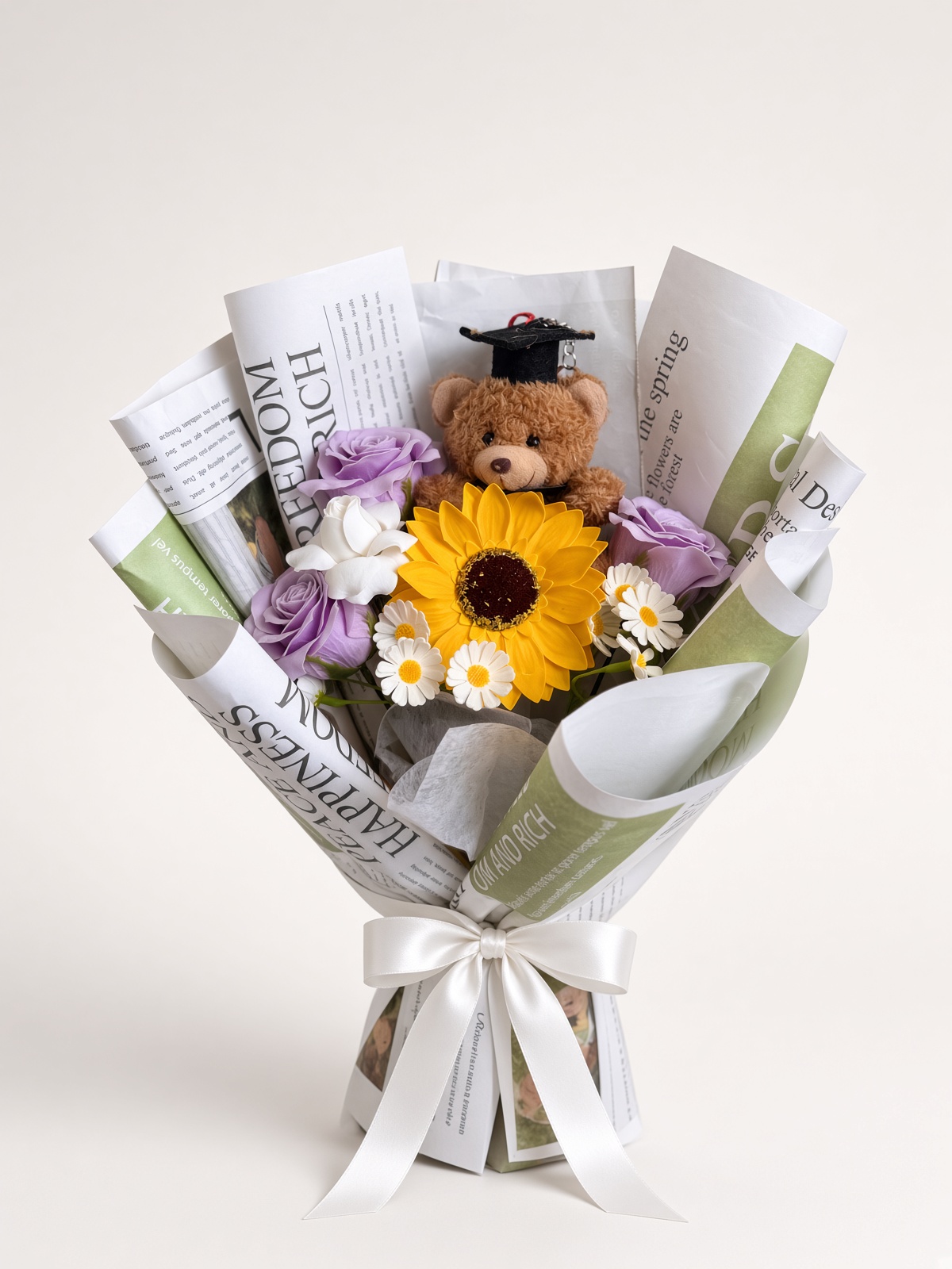Graduation Teddy Sunflower Soap Flower Bouquet - Image 2