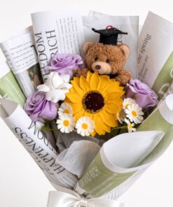 Graduation Teddy Sunflower Soap Flower Bouquet - Image 3
