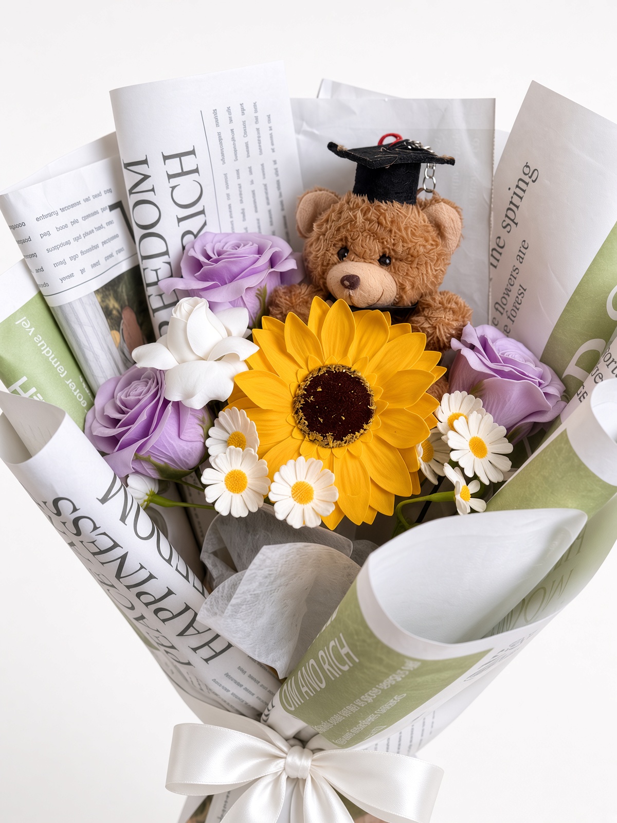 Graduation Teddy Sunflower Soap Flower Bouquet - Image 3