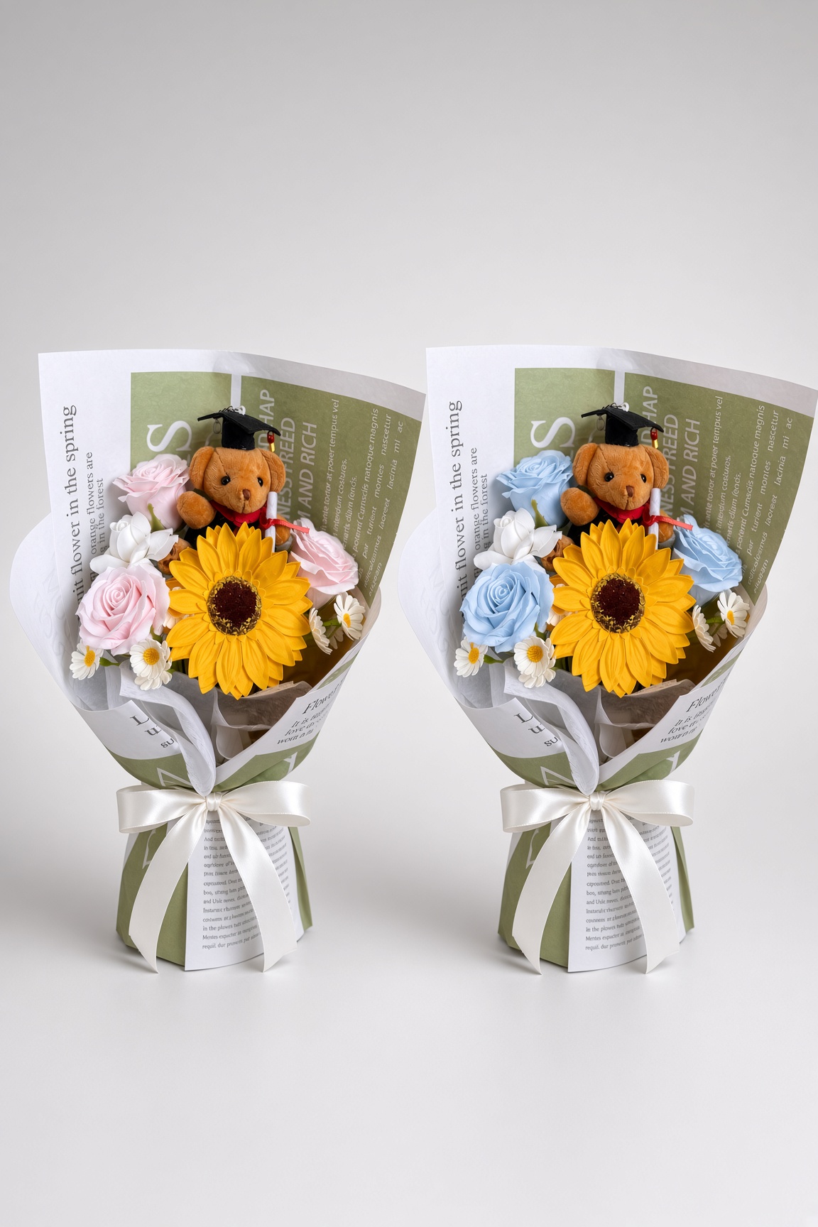 Graduation Teddy Sunflower Soap Flower Bouquet