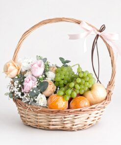Pastel Rose Fresh Fruit Basket | Blush Roses, Grapes & Seasonal Fruits