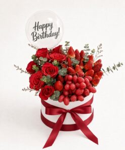 Happy Birthday Red Rose Fruit Box | Strawberries, Grapes & Roses