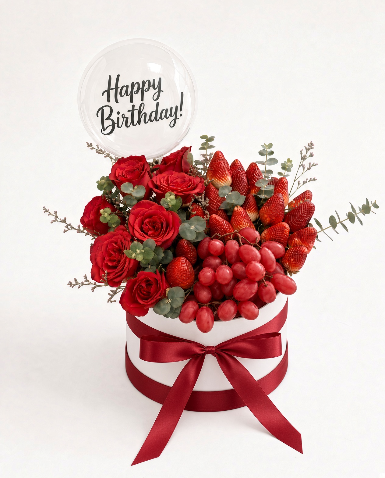 Happy Birthday Red Rose Fruit Box | Strawberries, Grapes & Roses