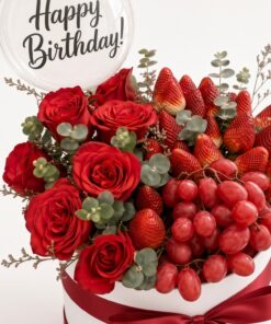 Happy Birthday Red Rose Fruit Box | Strawberries, Grapes & Roses - Image 2