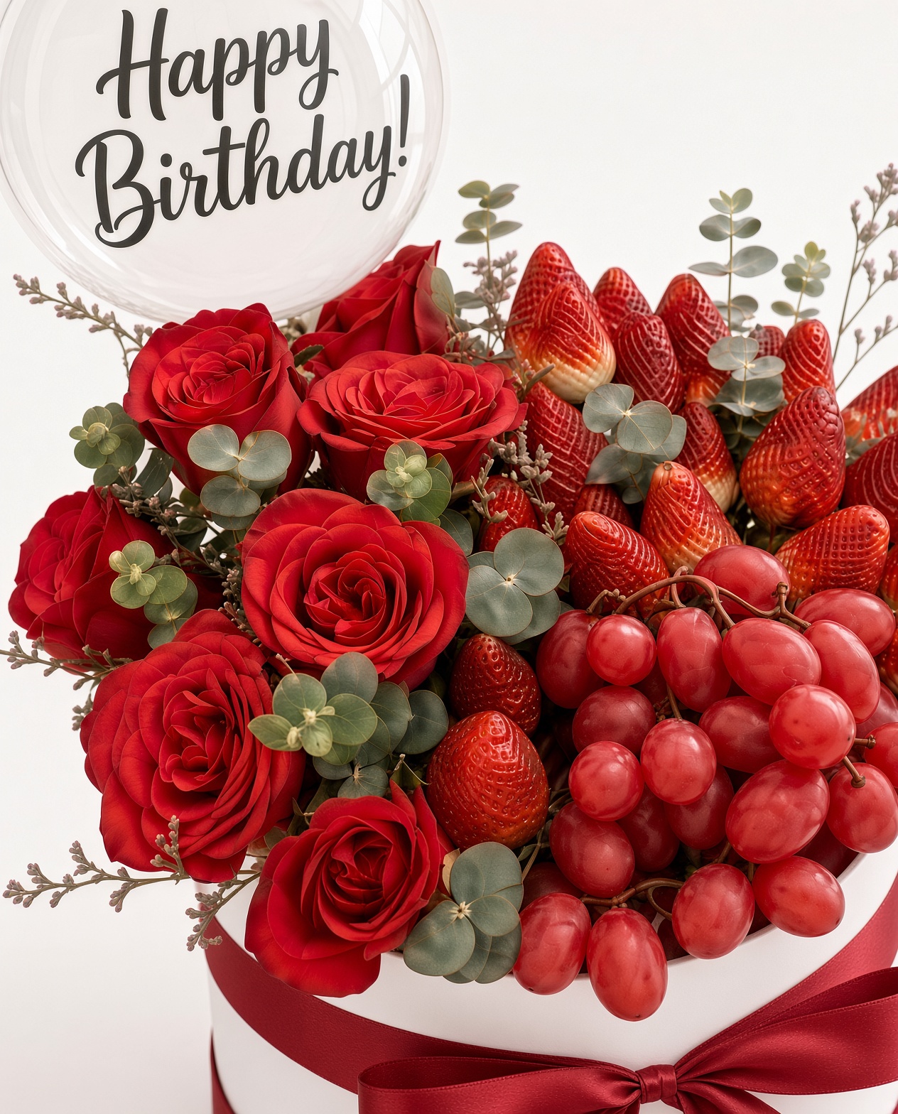 Happy Birthday Red Rose Fruit Box | Strawberries, Grapes & Roses - Image 2