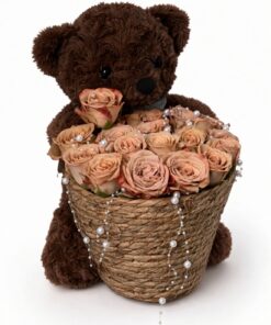 Teddy Bear Cappuccino Rose Basket | Flower Gift