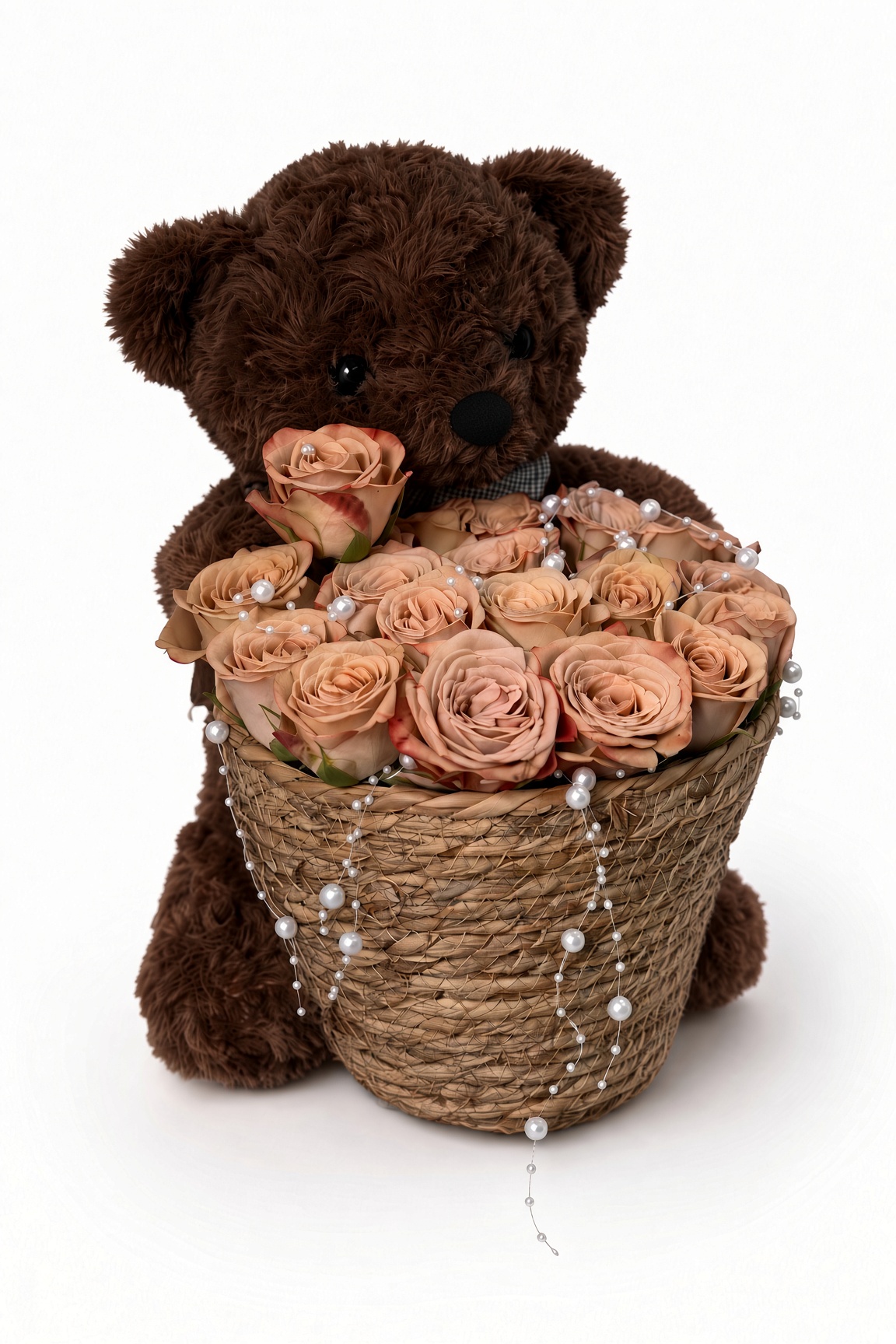 Teddy Bear Cappuccino Rose Basket | Flower Gift