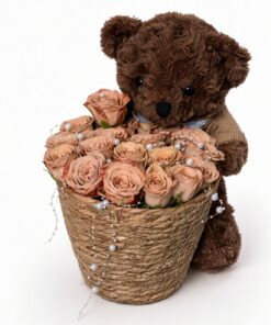 Teddy Bear Cappuccino Rose Basket | Flower Gift - Image 2