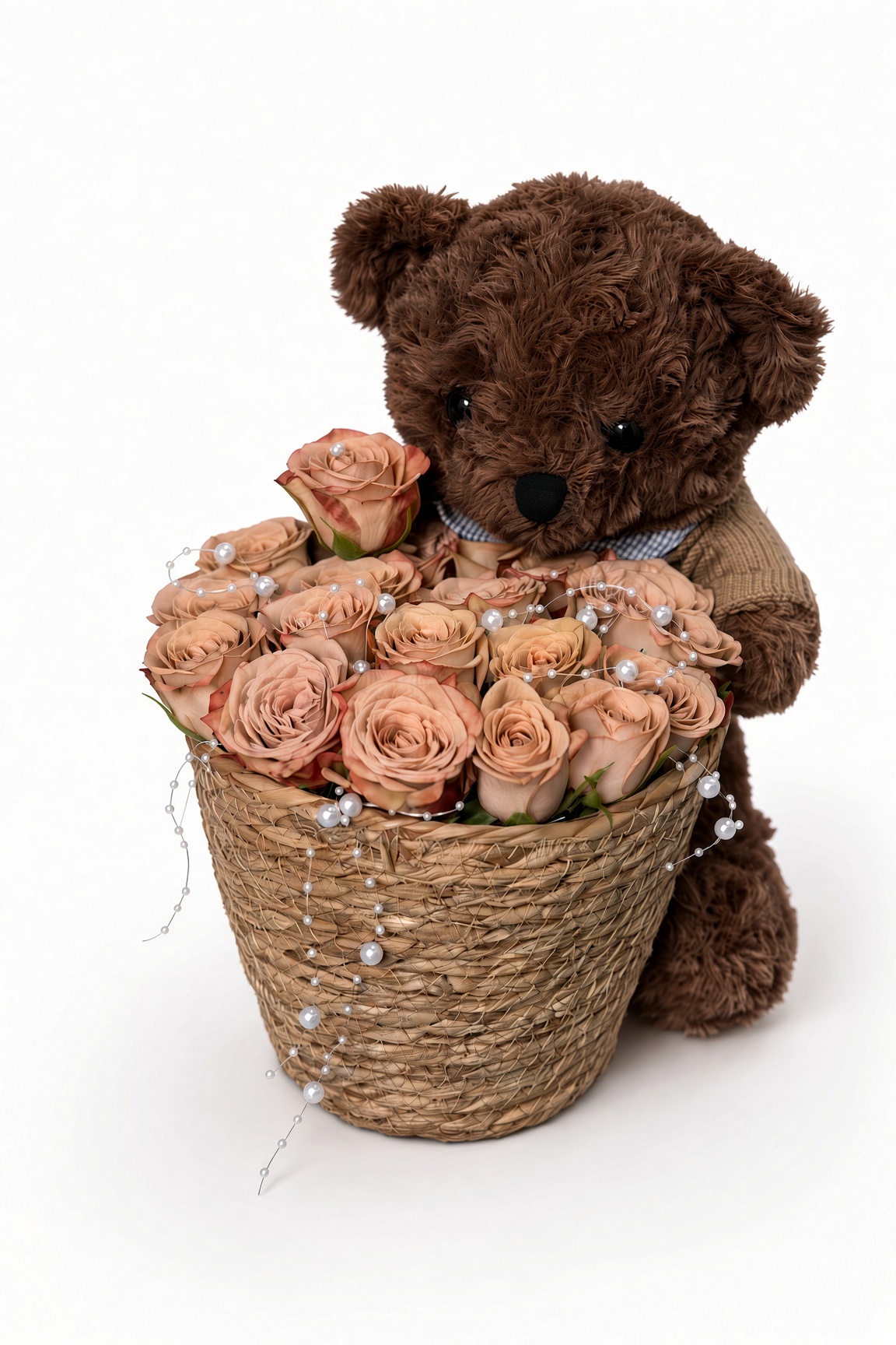 Teddy Bear Cappuccino Rose Basket | Flower Gift - Image 2