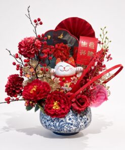 Lucky Cat Flower Vase | Soap & Artificial Red Peony Arrangement | 生意兴隆 Grand Opening Gift