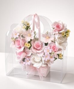 Soap Flower Gift Bag | Pink & White Soap Rose Arrangement in Clear Box | Artificial Flower Gift