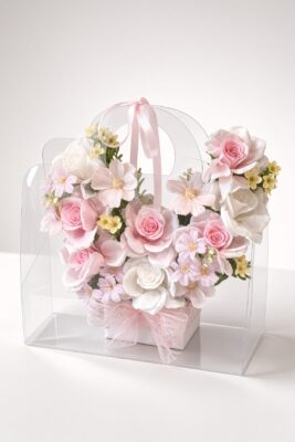 Soap Flower Gift Bag | Pink & White Soap Rose Arrangement in Clear Box | Artificial Flower Gift