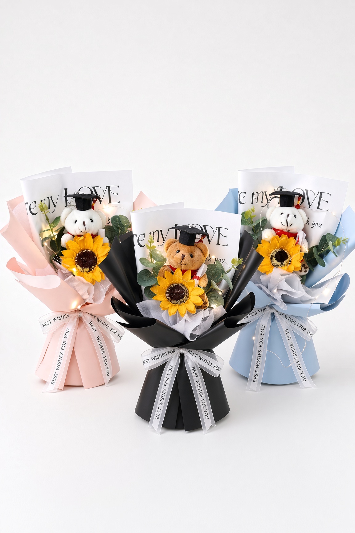 Soap Flower Graduation Bouquet with LED Lights & Teddy Bear