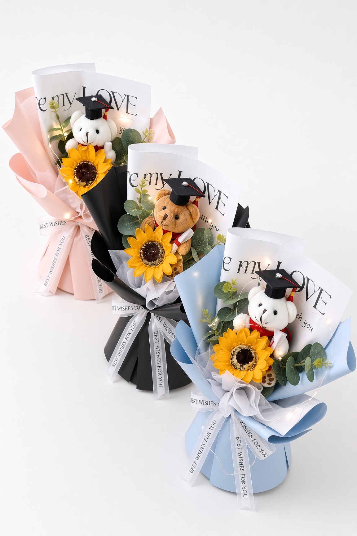 Soap Flower Graduation Bouquet with LED Lights & Teddy Bear - Image 2