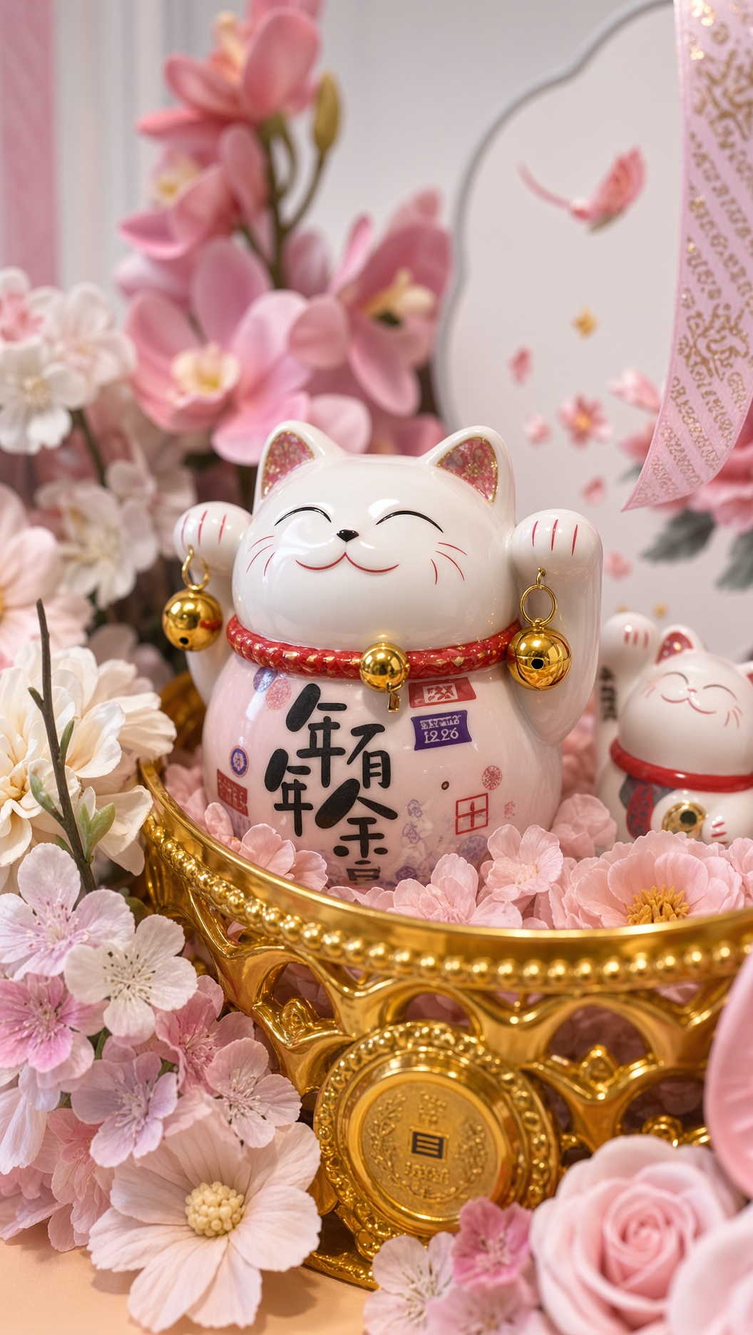 Lucky Cat Flower Gift Box | Soap & Artificial Pink Flower Display | Prosperity Opening Box - Image 2