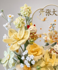 Crochet Flower Grand Opening Basket | Handmade Yellow Crochet Flowers with Lucky Cat | 开张大吉 Gift - Image 2