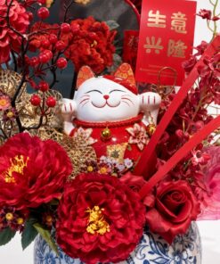 Lucky Cat Flower Vase | Soap & Artificial Red Peony Arrangement | 生意兴隆 Grand Opening Gift - Image 2