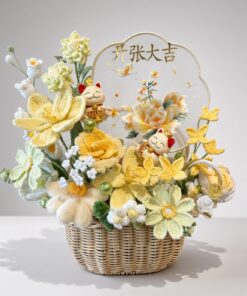 Crochet Flower Grand Opening Basket | Handmade Yellow Crochet Flowers with Lucky Cat | 开张大吉 Gift